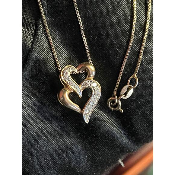 925 silver gold plate CZ rhinestones double link hearts necklace Valentine gift - Picture 7 of 8